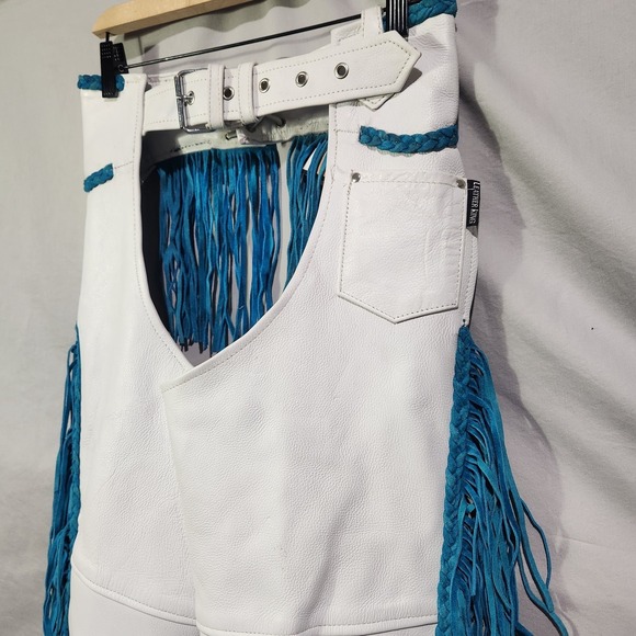 Leather King Western Biker Chaps White w Turquoise Fringe Small Side Zip NEW - Picture 3 of 9